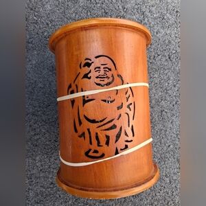 Wooden Carved Buddha Wastebasket - Warm Honey Brown